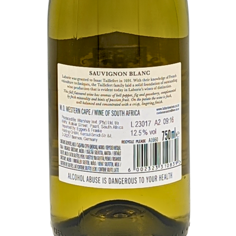 Back of a bottle of Laborie Sauvignon Blanc