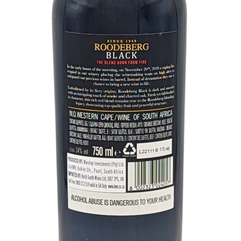Back label of a bottle of Roodeberg Black