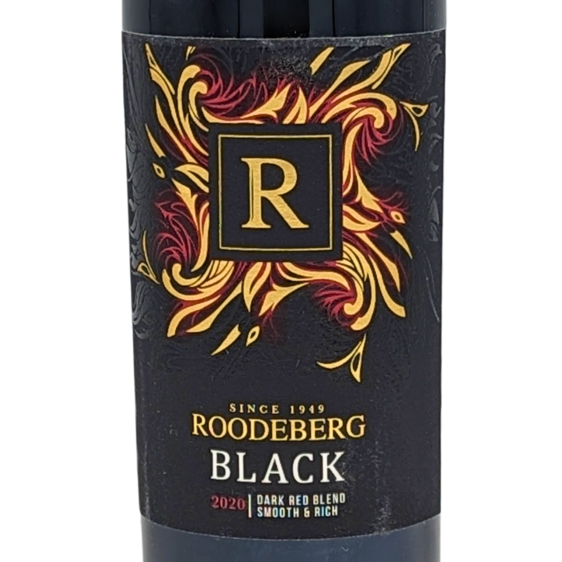 Front label of a bottle of Roodeberg Black