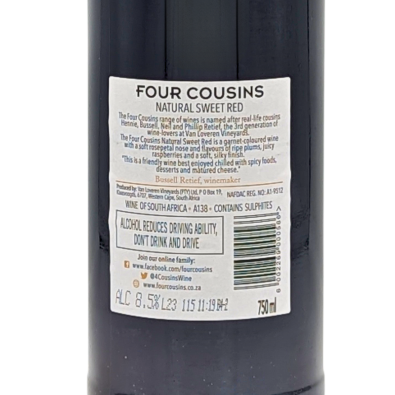 back label of a bottle of four cousins natural sweet red