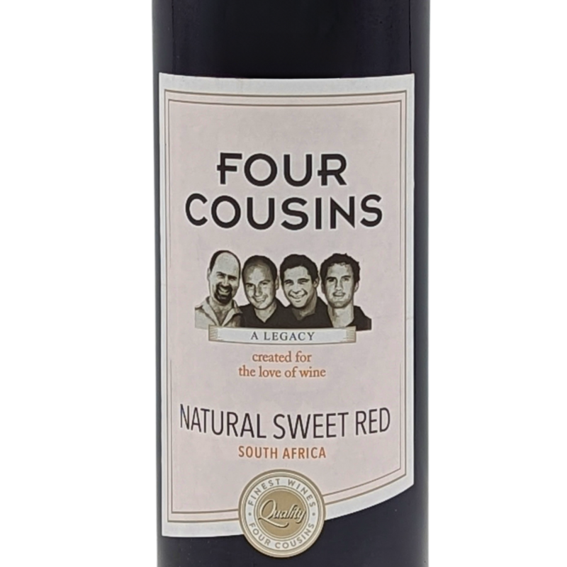 front label of a bottle of four cousins natural sweet red