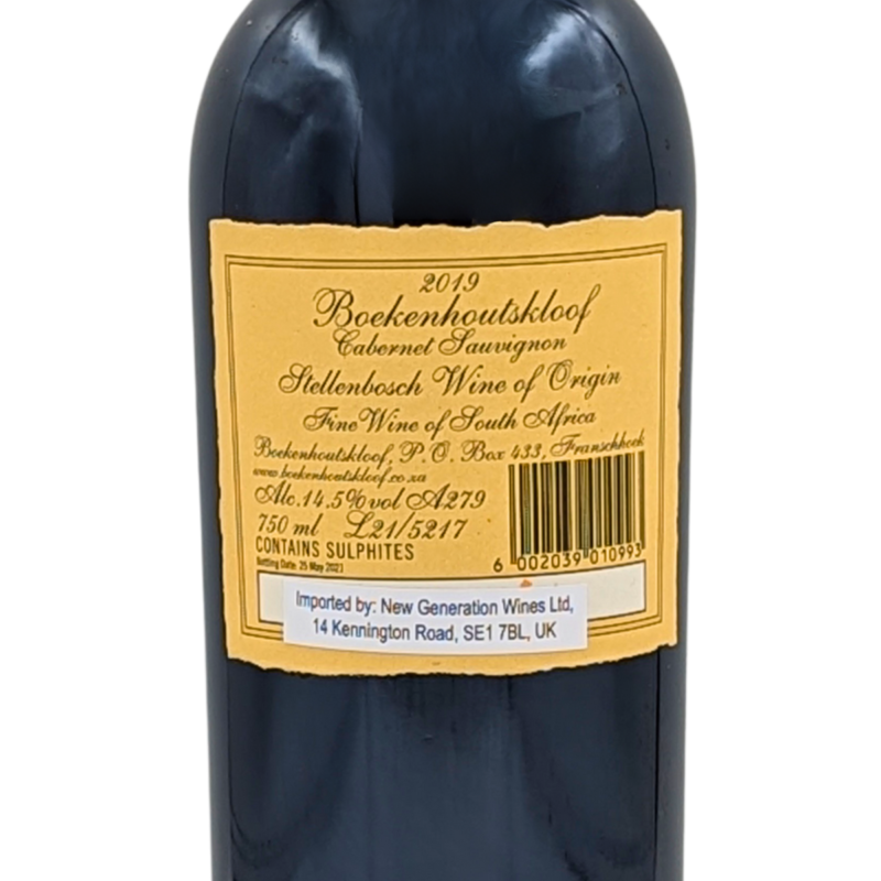 back label of a bottle of Boekenhoutskloof Stellenbosch Cabernet Sauvignon