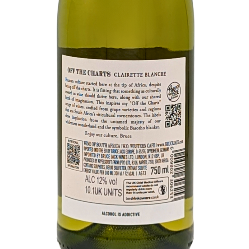 back label of a bottle of Off the Charts Clairette Blanc