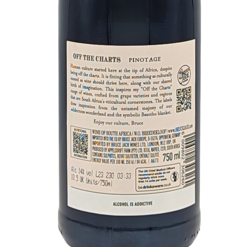 back label of a bottle of Off the Charts Pinotage