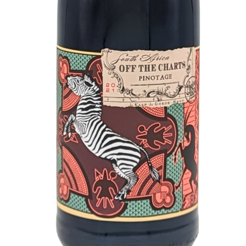 front label of a bottle of Off the Charts Pinotage