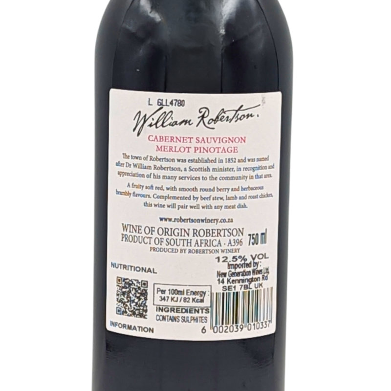 back label of a bottle of Robertson Cabernet Merlot Pinotage