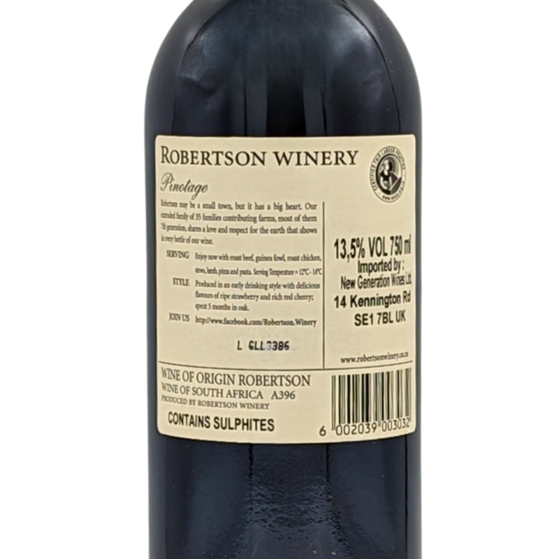 back label of a bottle of Robertson Pinotage