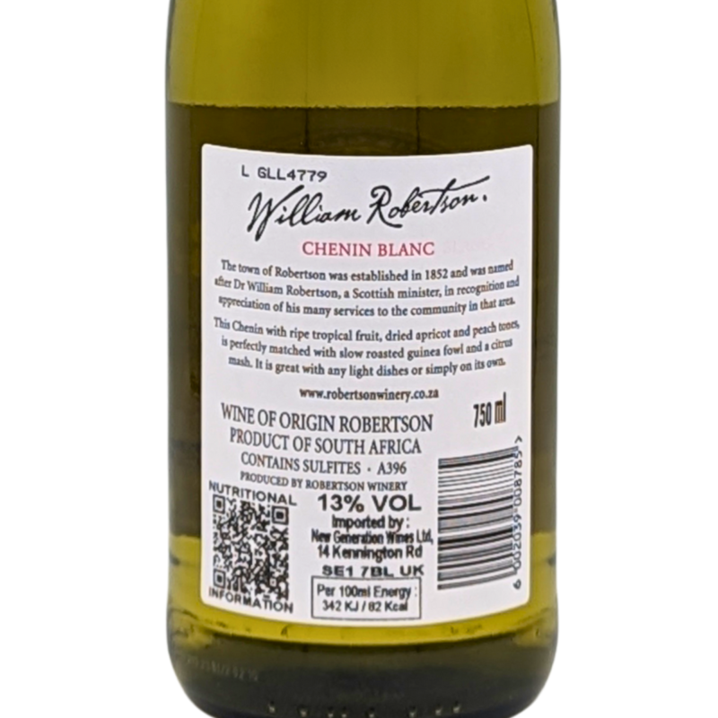 back label of a bottle of William Robertson Chenin Blanc