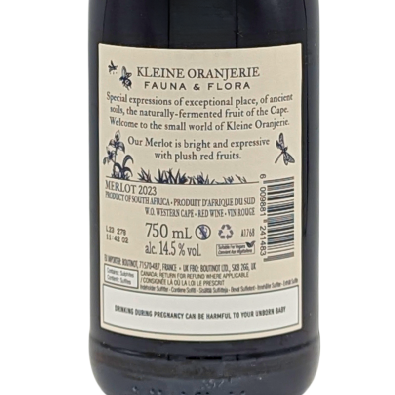 back label of a bottle of Flora and Fauna Merlot