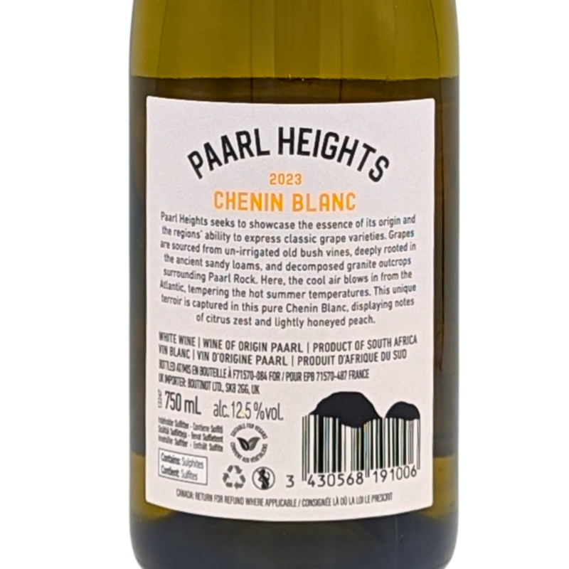 back label of a bottle of Paarl Heights Chenin Blanc