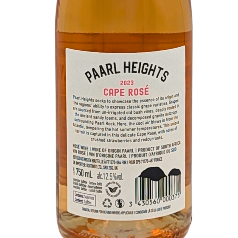 back label of a bottle of Paarl Heights Rose