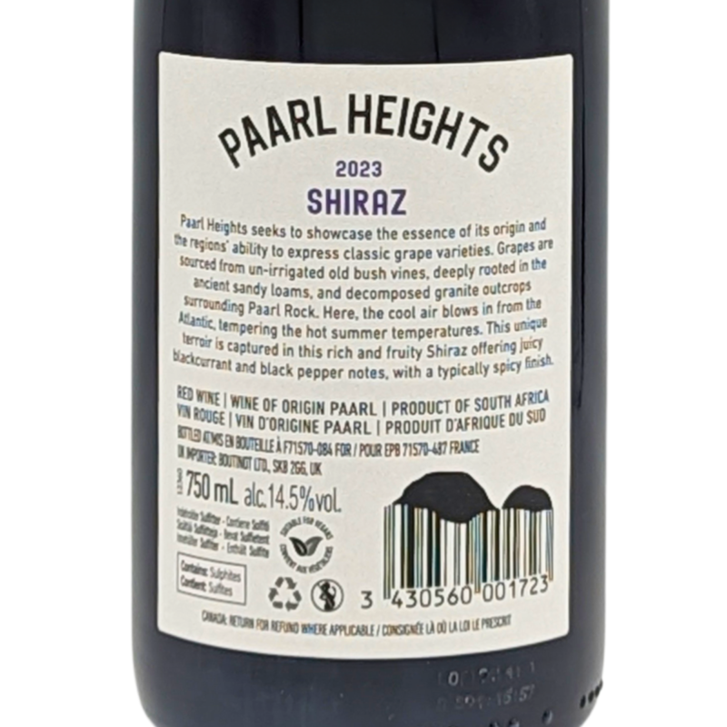 back label of a bottle of Paarl Heights Shiraz