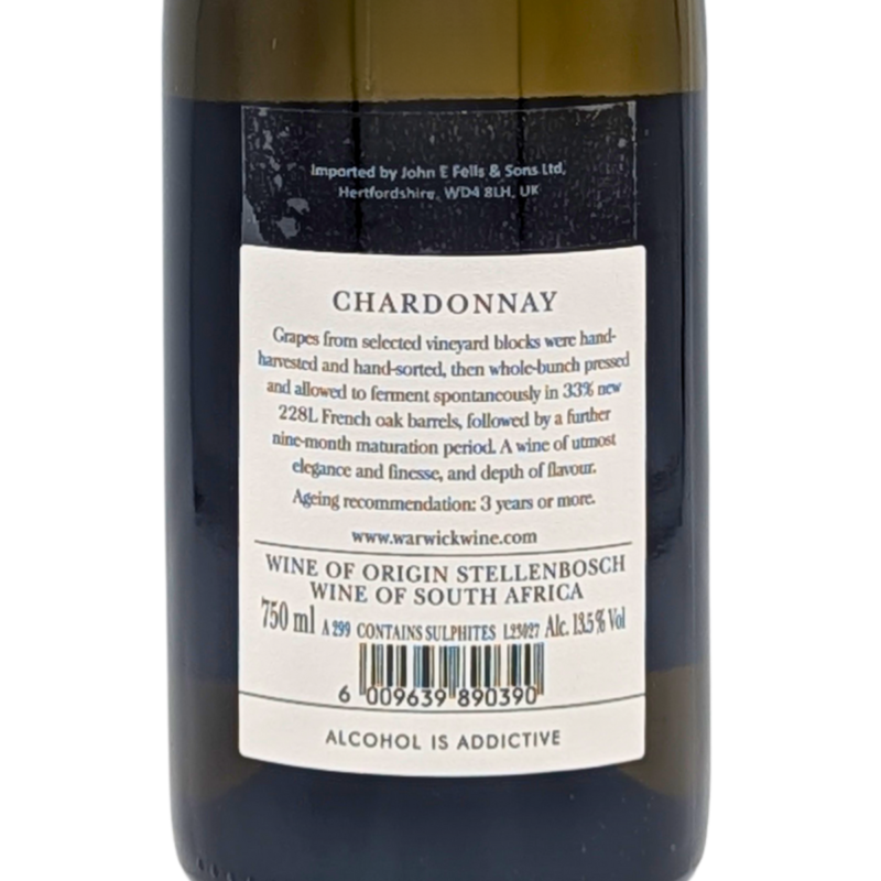 back label of a bottle of White Lady Chardonnay by Warwick Estate