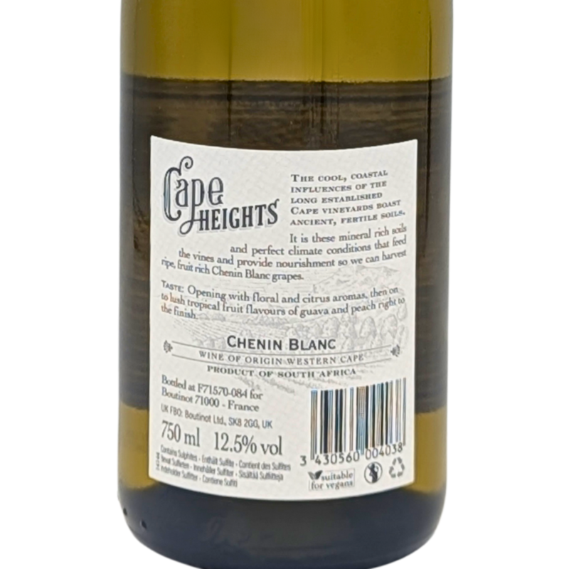 back label of a bottle of Cape Heights Chenin Blanc