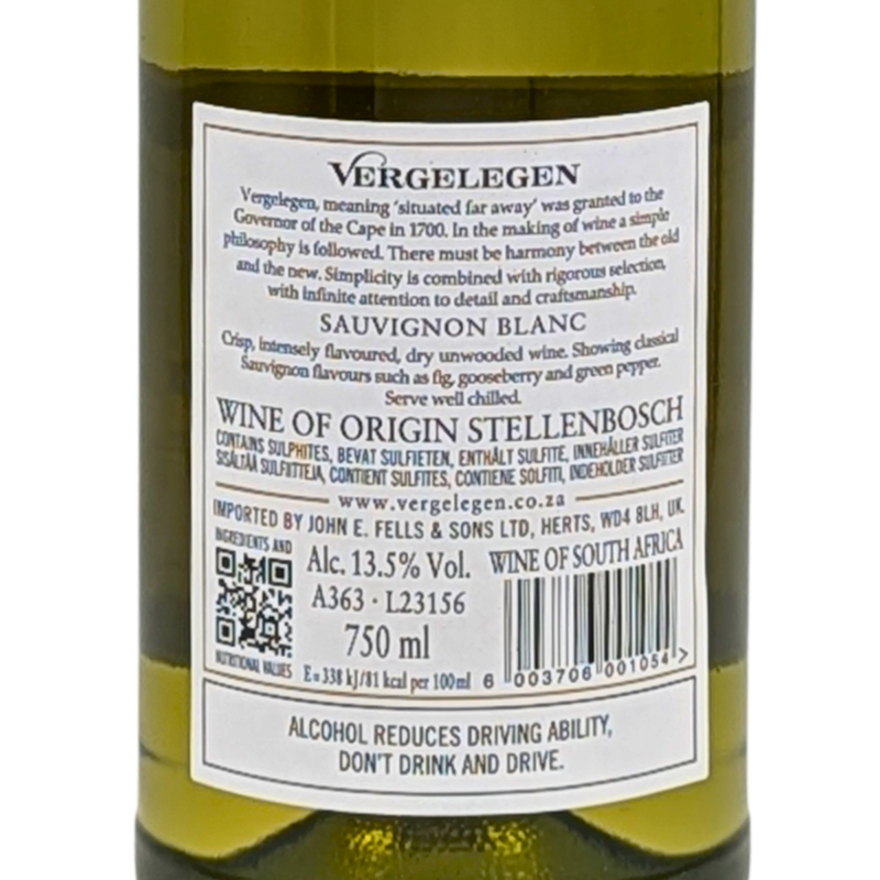 back label of a bottle of Vergelegen Premium Sauvignon Blanc