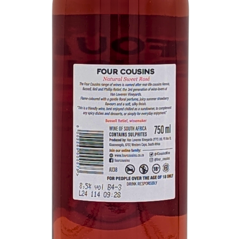 back label of a bottle of Four Cousins Natural Sweet Rose