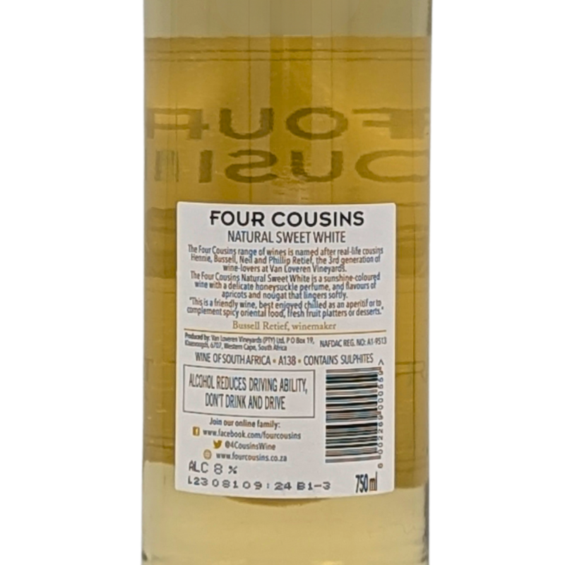 back label of a bottle of Four Cousins Natural Sweet White