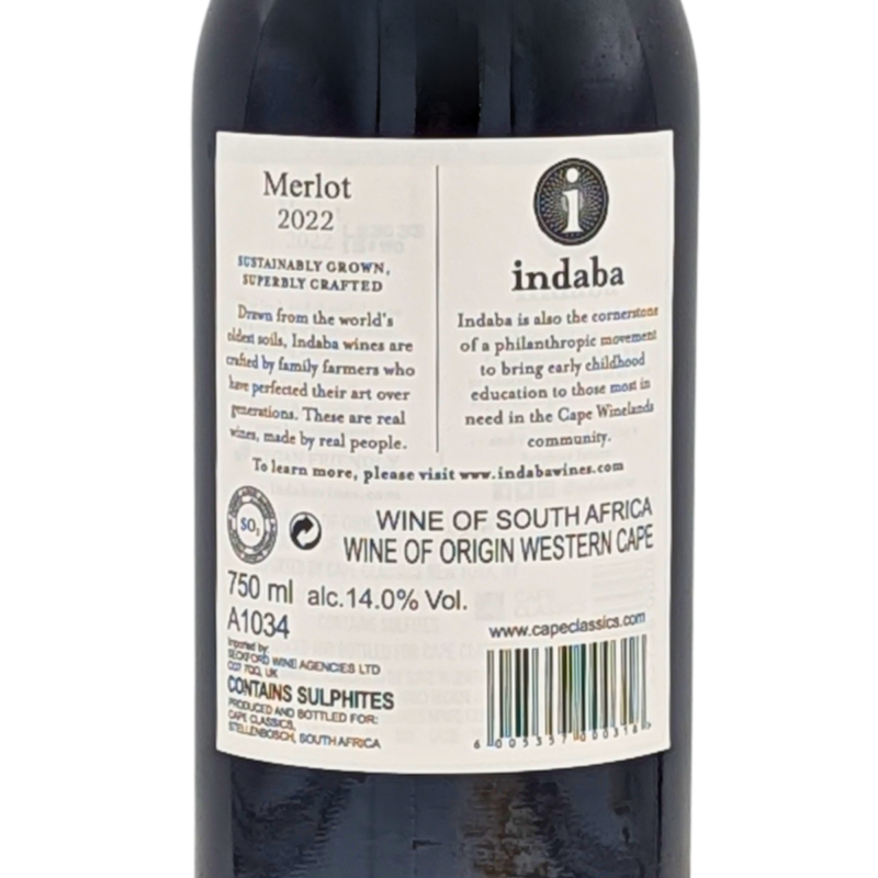 back label of a bottle of Indaba Merlot