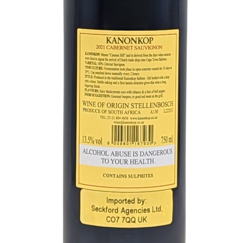 back of a bottle of Kanenkop Kadette Cabernet Sauvignon