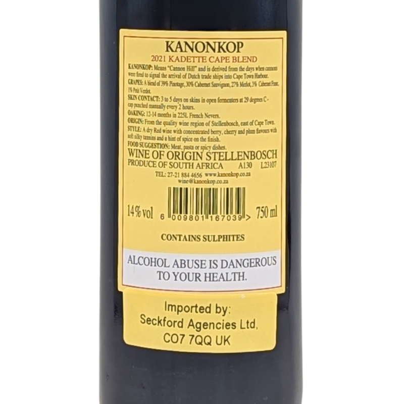 back label of a bottle of Kanenkop Kadette Cape Blend