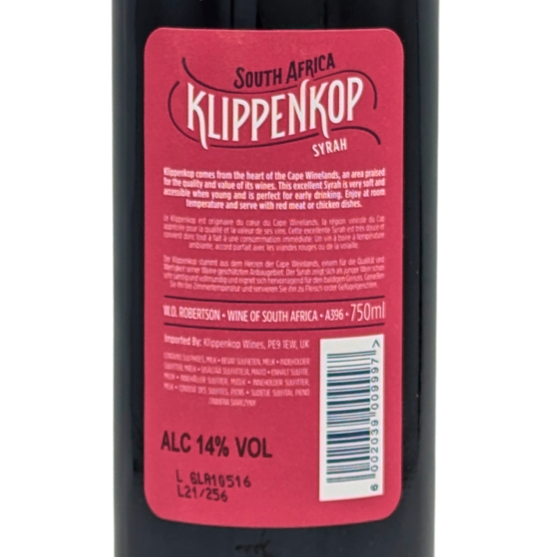 back label of a bottle of Klippenkop Syrah